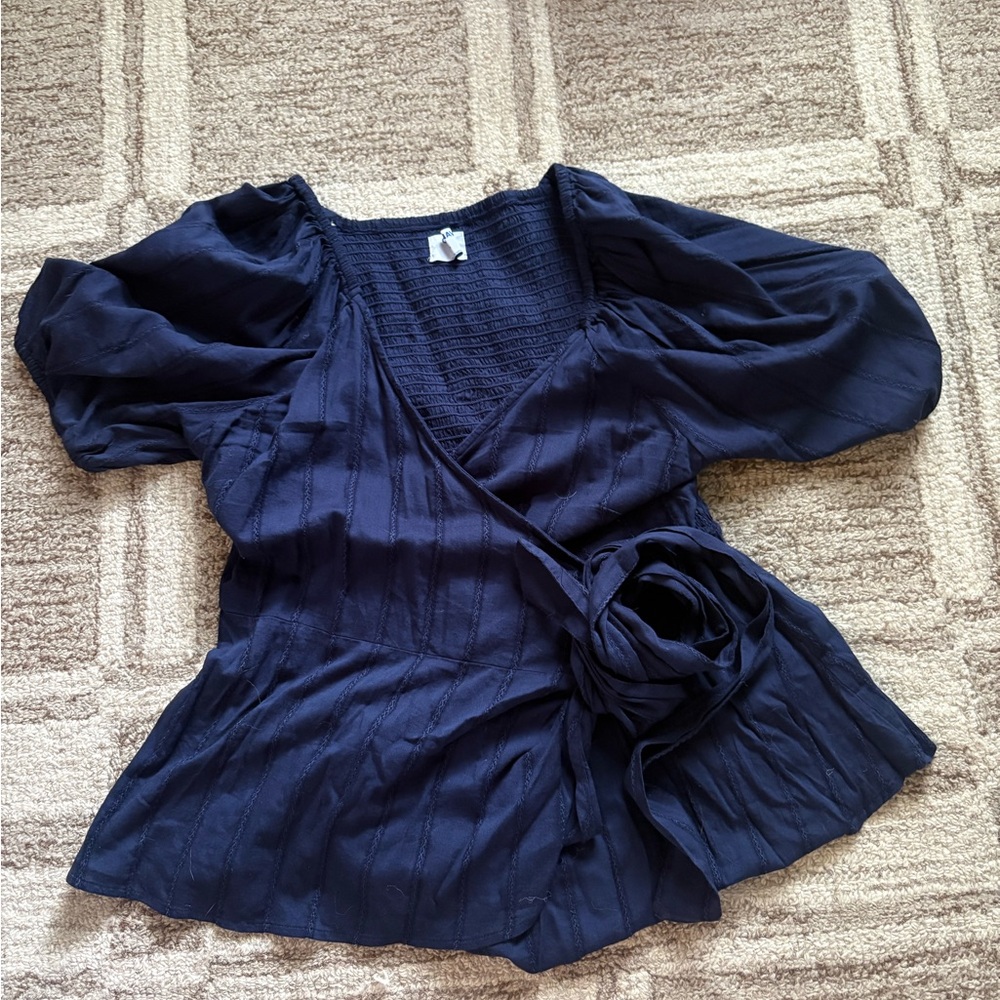 Old Navy Deep Blue Wrap Blouse with Puff Sleeves